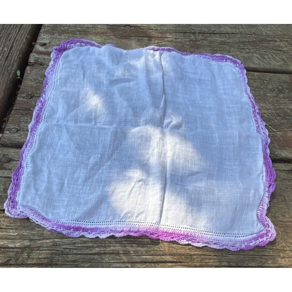 Vintage White Handkerchief‎ With Purple Crocheted Trim READ